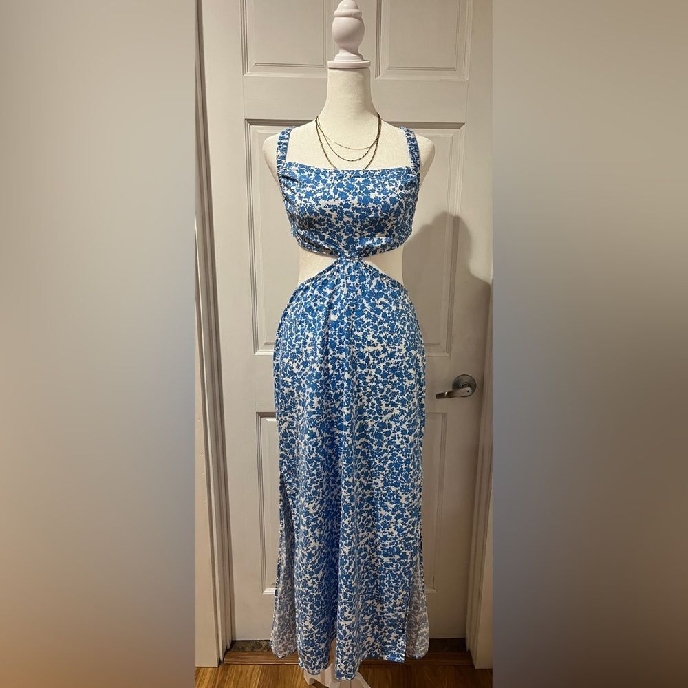 Zara Blue and White Floral Cutout Dress
